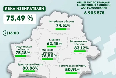 По данным на 16.00 явка избирателей на выборах Президента Беларуси в Гомельской области составила 80,91%
